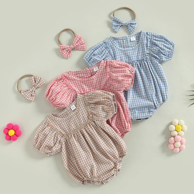 Toddler puff sleeve plaid print romper with a headband.