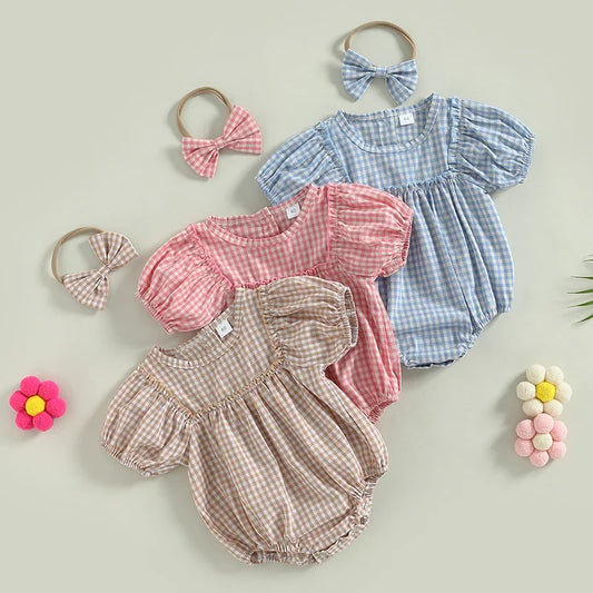 Toddler puff sleeve plaid print romper with a headband.